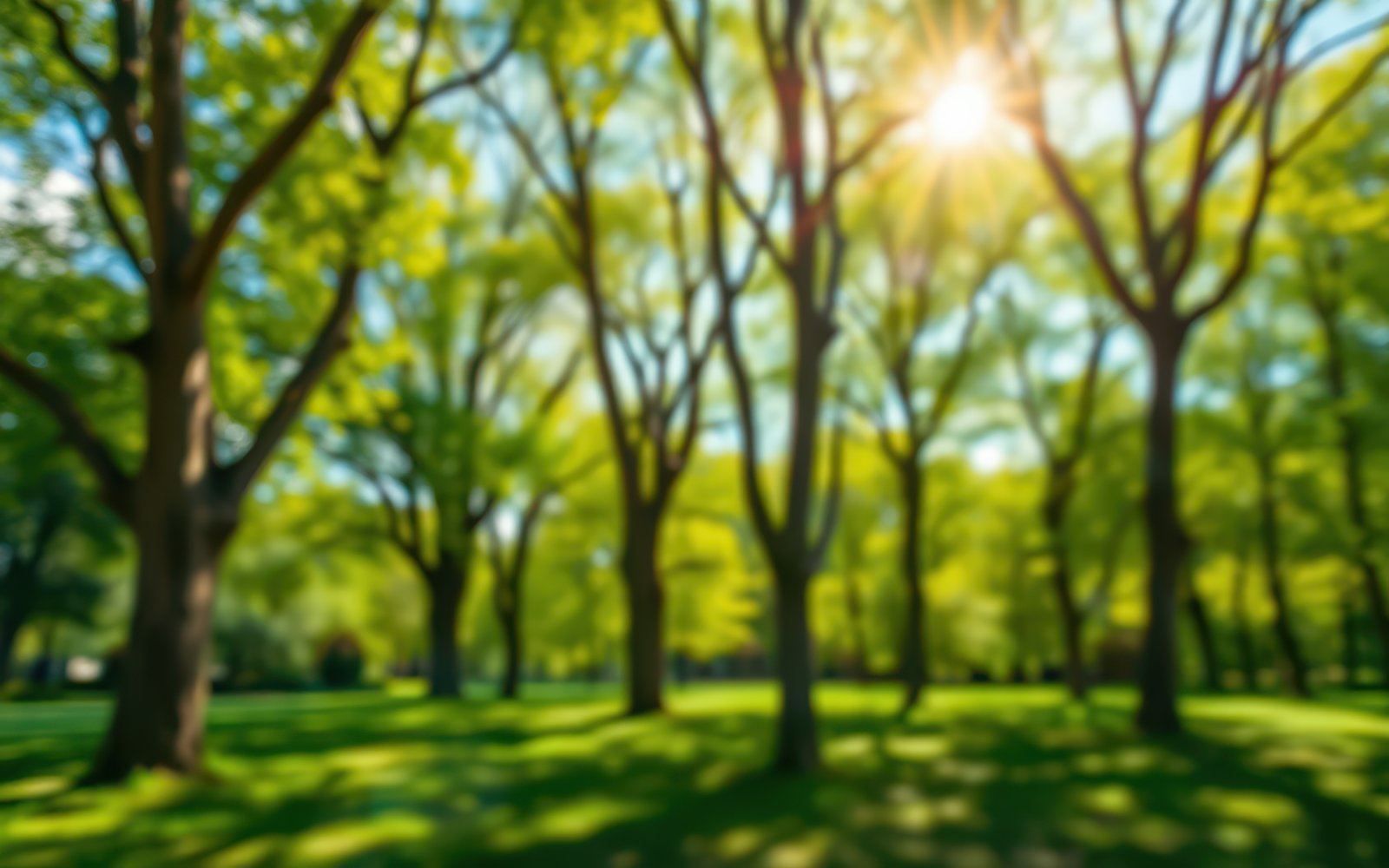 Sunlight shining through tree canopies in a lush green park on a warm summer day